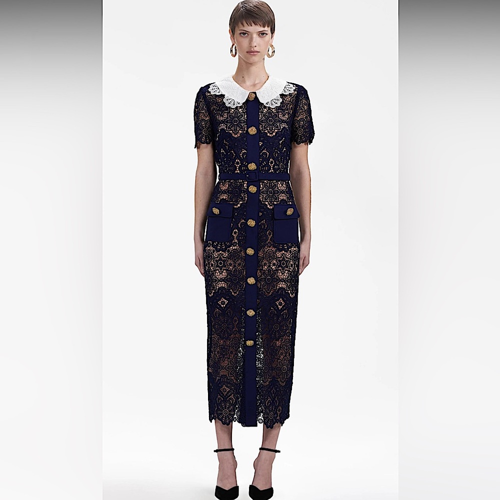 Self-Portrait Navy and Gold Lace Midi Dress